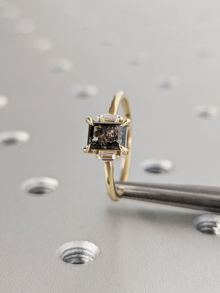 Galaxy Raw Salt and Pepper Diamond Ring- Baguette Cut Diamond Engagement Ring- Unique Bridal Geometric Diamond- Promise Ring- Vintage Ring