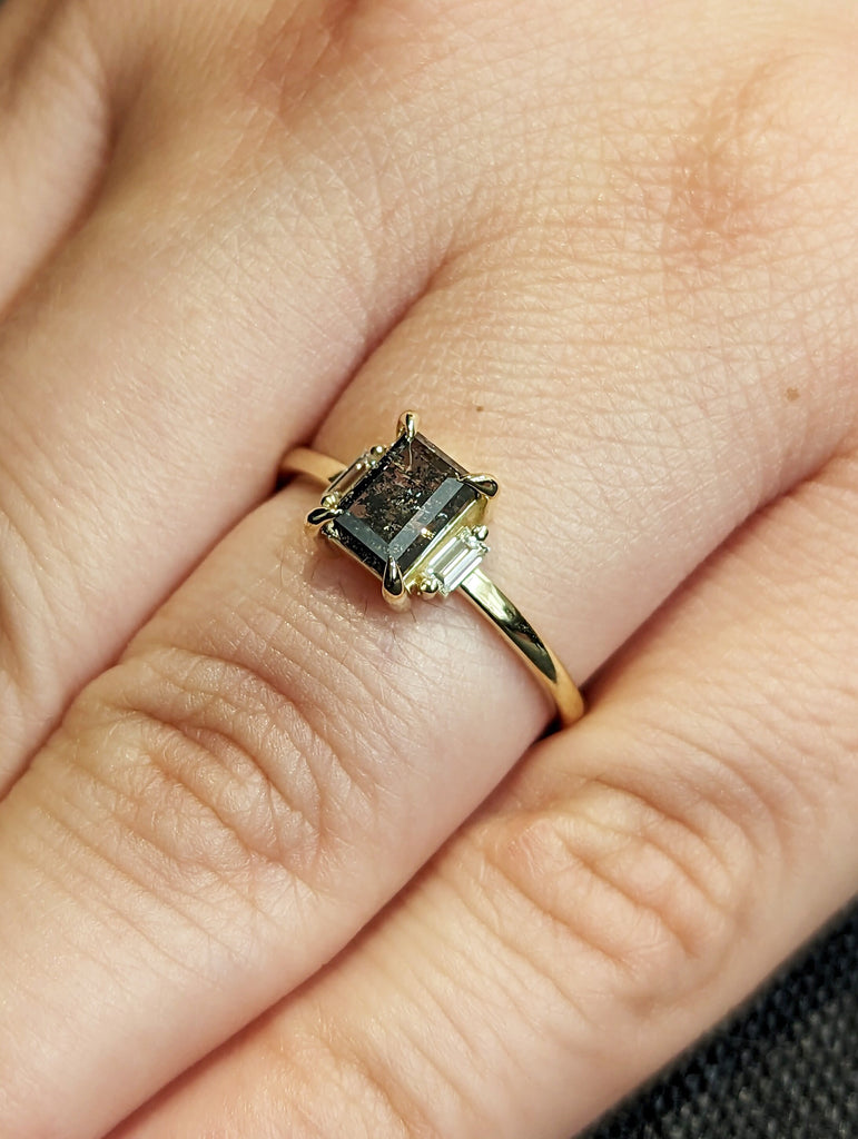 Galaxy Raw Salt and Pepper Diamond Ring- Baguette Cut Diamond Engagement Ring- Unique Bridal Geometric Diamond- Promise Ring- Vintage Ring