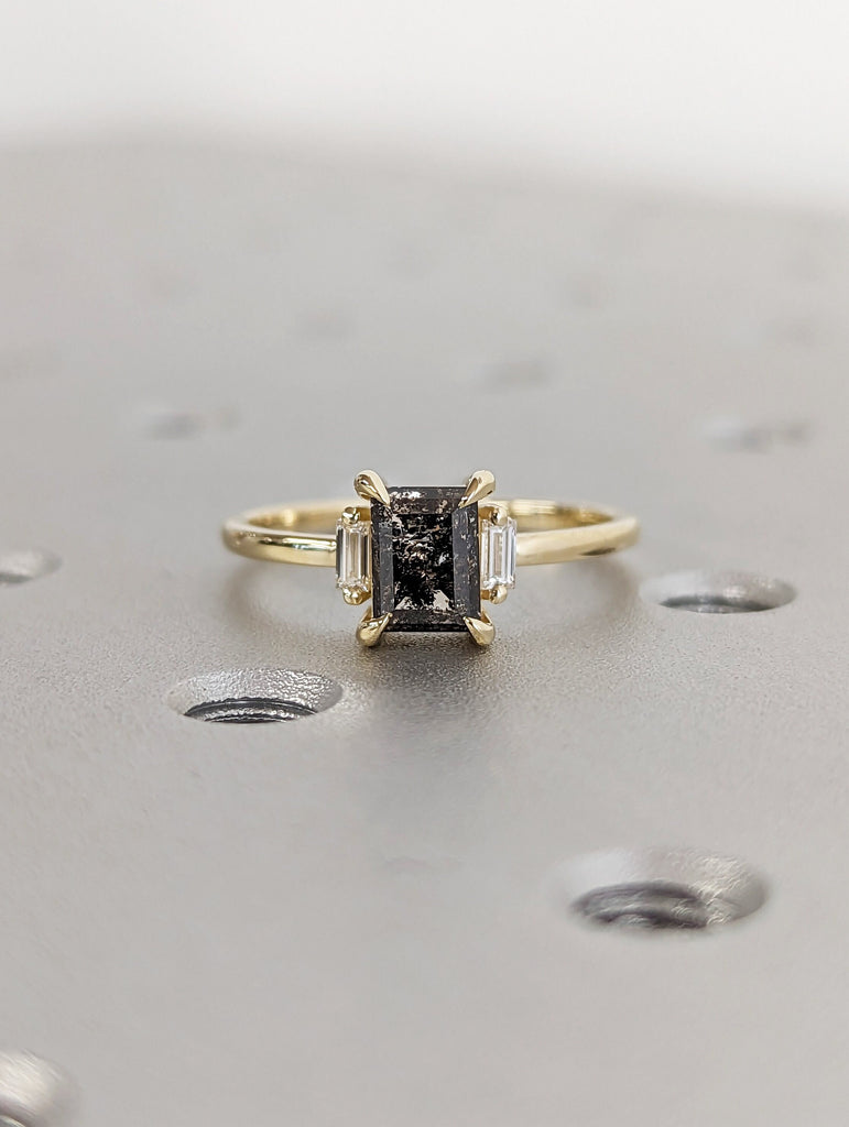 Galaxy Raw Salt and Pepper Diamond Ring- Baguette Cut Diamond Engagement Ring- Unique Bridal Geometric Diamond- Promise Ring- Vintage Ring