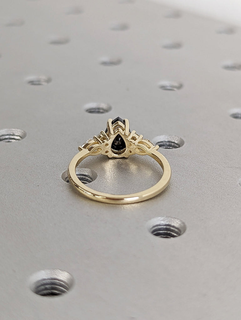 Salt and pepper diamond engagement ring Pear cut Wedding ring 14K yellow gold ring Art deco moissanite bridal ring Anniversary Promise ring