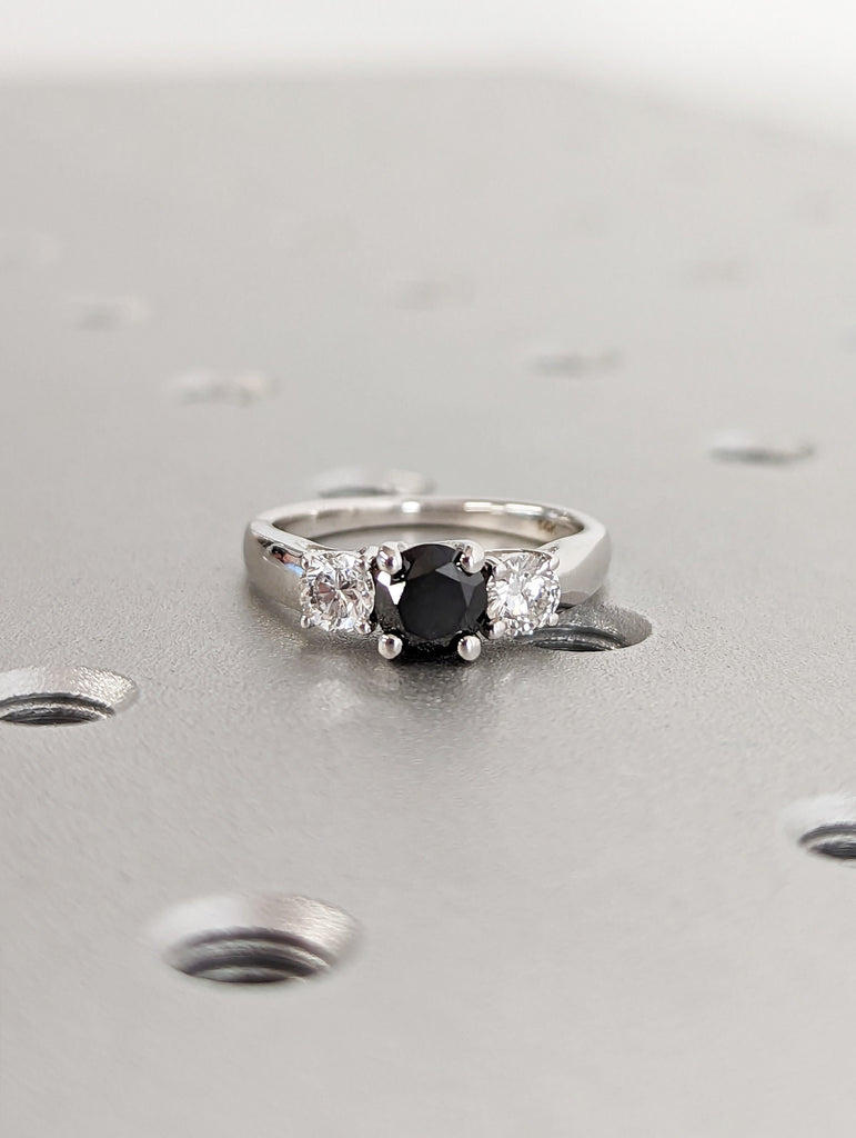 Black Diamond Three Stone Ring, White Gold Wedding Ring, Anniversary Ring, Unique Ring, Engagement Band, Proposal Ring, Simple Promise Ring