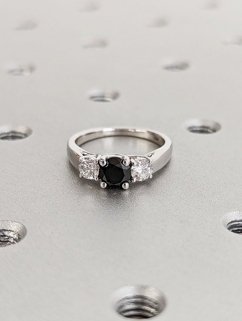 Black Diamond Three Stone Ring, White Gold Wedding Ring, Anniversary Ring, Unique Ring, Engagement Band, Proposal Ring, Simple Promise Ring