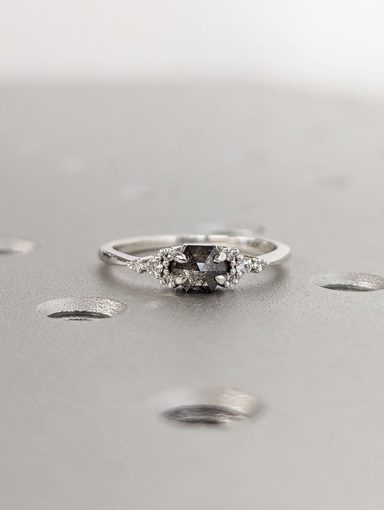 Hexagon Salt and Pepper Diamond Wedding Ring, Unique Diamond Wedding Band, Wedding Engagement Ring, Minimalist Diamond Ring, Cluster Diamond
