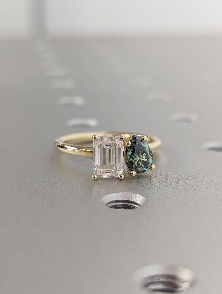 Pear And Emerald Cut Toi Et Moi Moissanite Ring / Green Pear Moissanite Engagement Ring / 14K Yellow Gold Anniversary Ring / Two Stone Ring