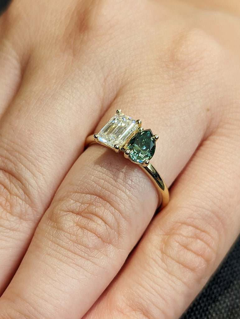 Pear And Emerald Cut Toi Et Moi Moissanite Ring / Green Pear Moissanite Engagement Ring / 14K Yellow Gold Anniversary Ring / Two Stone Ring