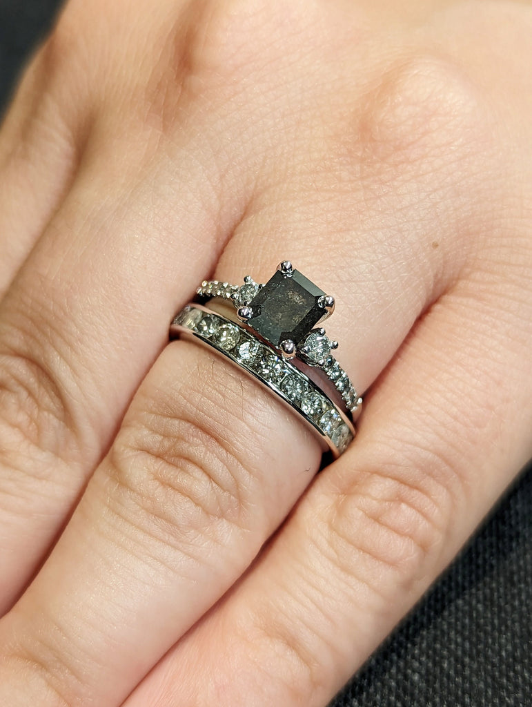 Galaxy Raw Salt and Pepper Diamond Ring- Emerald Cut Diamond Engagement Ring Sets- Unique Bridal Geometric Diamond Promise Ring Set Art Deco