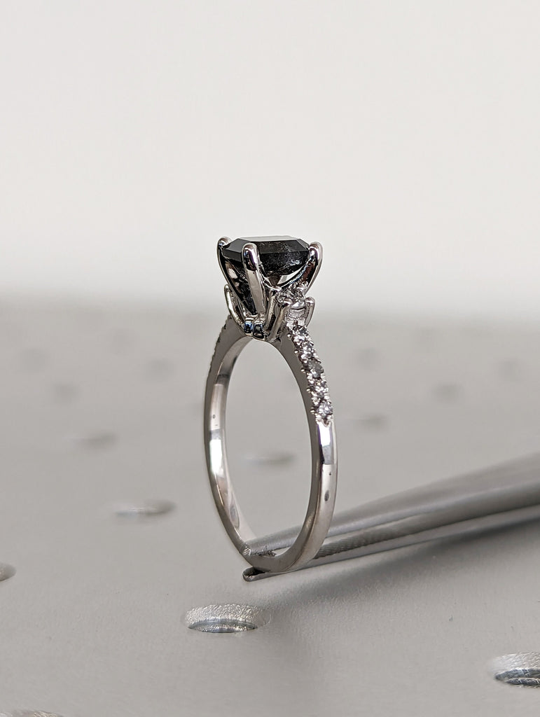 Galaxy Raw Salt and Pepper Diamond Ring- Emerald Cut Diamond Engagement Ring Sets- Unique Bridal Geometric Diamond Promise Ring Set Art Deco