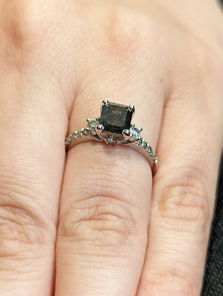 Galaxy Raw Salt and Pepper Diamond Ring- Emerald Cut Diamond Engagement Ring Sets- Unique Bridal Geometric Diamond Promise Ring Set Art Deco