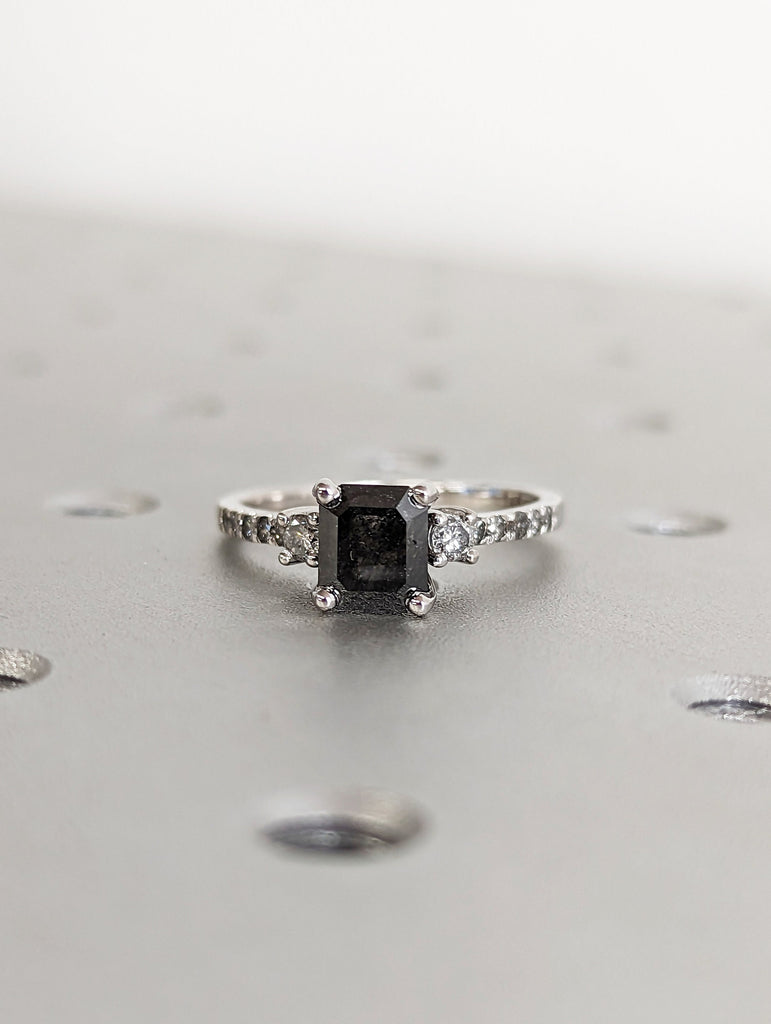 Galaxy Raw Salt and Pepper Diamond Ring- Emerald Cut Diamond Engagement Ring Sets- Unique Bridal Geometric Diamond Promise Ring Set Art Deco