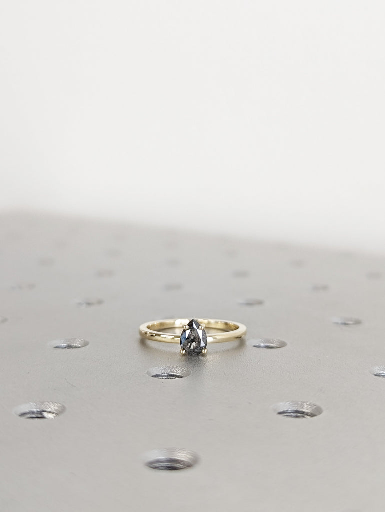 1920's Raw Salt and Pepper Diamond, Rose Cut Pear Diamond Ring, Unique Engagement, Black, Gray Pear, 14k Yellow, Rose, or White Gold