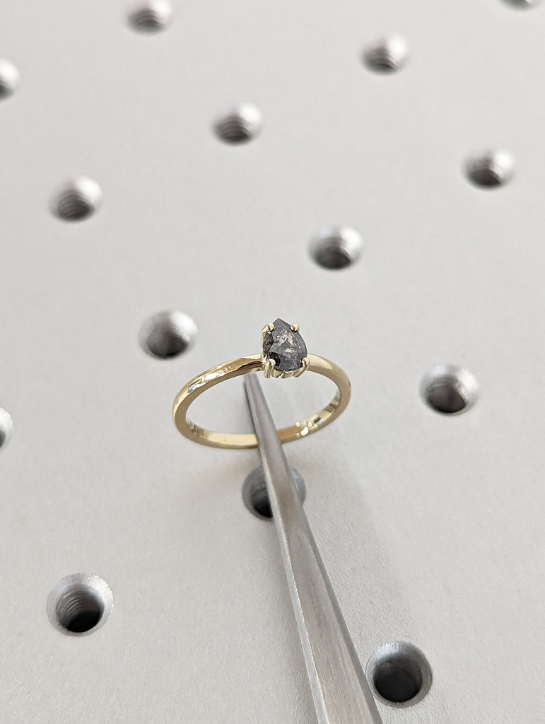 1920's Raw Salt and Pepper Diamond, Rose Cut Pear Diamond Ring, Unique Engagement, Black, Gray Pear, 14k Yellow, Rose, or White Gold