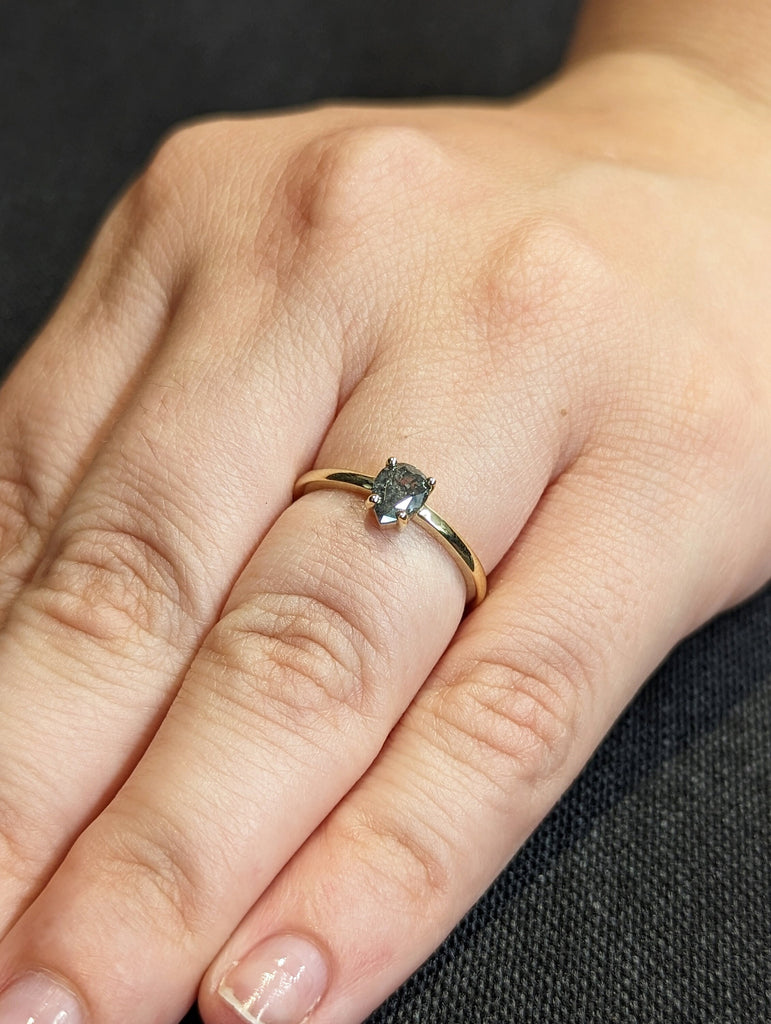 1920's Raw Salt and Pepper Diamond, Rose Cut Pear Diamond Ring, Unique Engagement, Black, Gray Pear, 14k Yellow, Rose, or White Gold