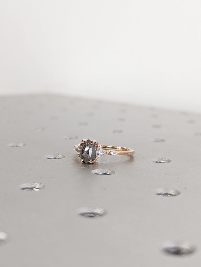 Raw Diamond Hexagon Triangle Diamond, Salt and Pepper, Plain Unique Bridal Engagement Set, Rose Cut Geometric Diamond Ring, Custom Handmade
