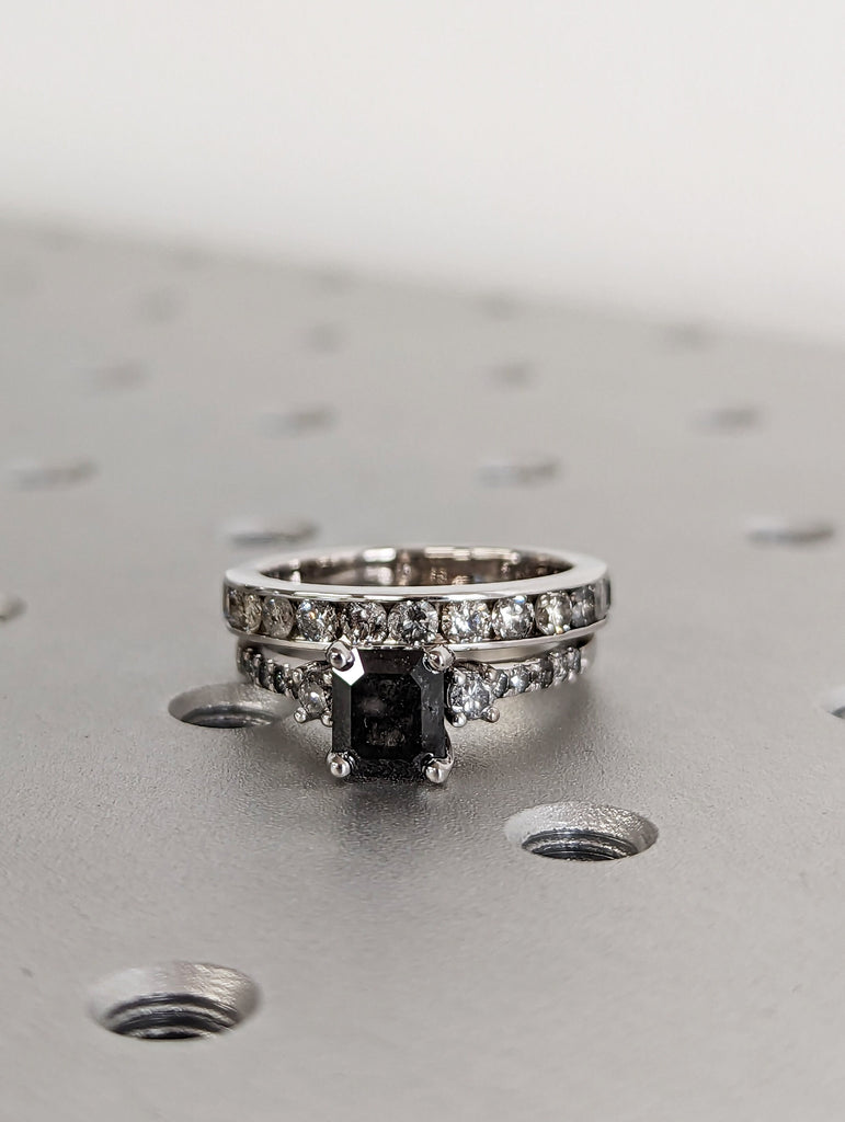 Galaxy Raw Salt and Pepper Diamond Ring- Emerald Cut Diamond Engagement Ring Sets- Unique Bridal Geometric Diamond Promise Ring Set Art Deco