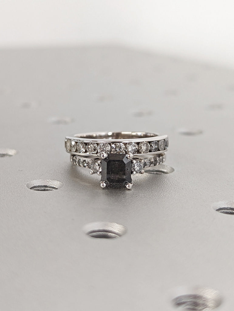 Galaxy Raw Salt and Pepper Diamond Ring- Emerald Cut Diamond Engagement Ring Sets- Unique Bridal Geometric Diamond Promise Ring Set Art Deco