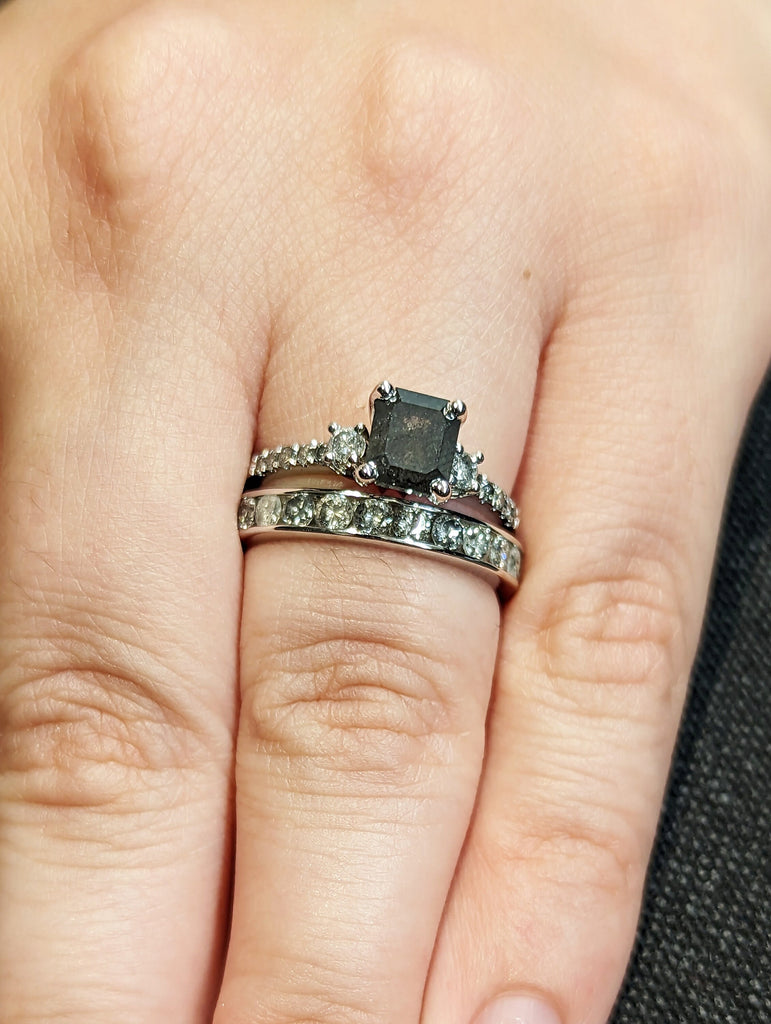 Galaxy Raw Salt and Pepper Diamond Ring- Emerald Cut Diamond Engagement Ring Sets- Unique Bridal Geometric Diamond Promise Ring Set Art Deco