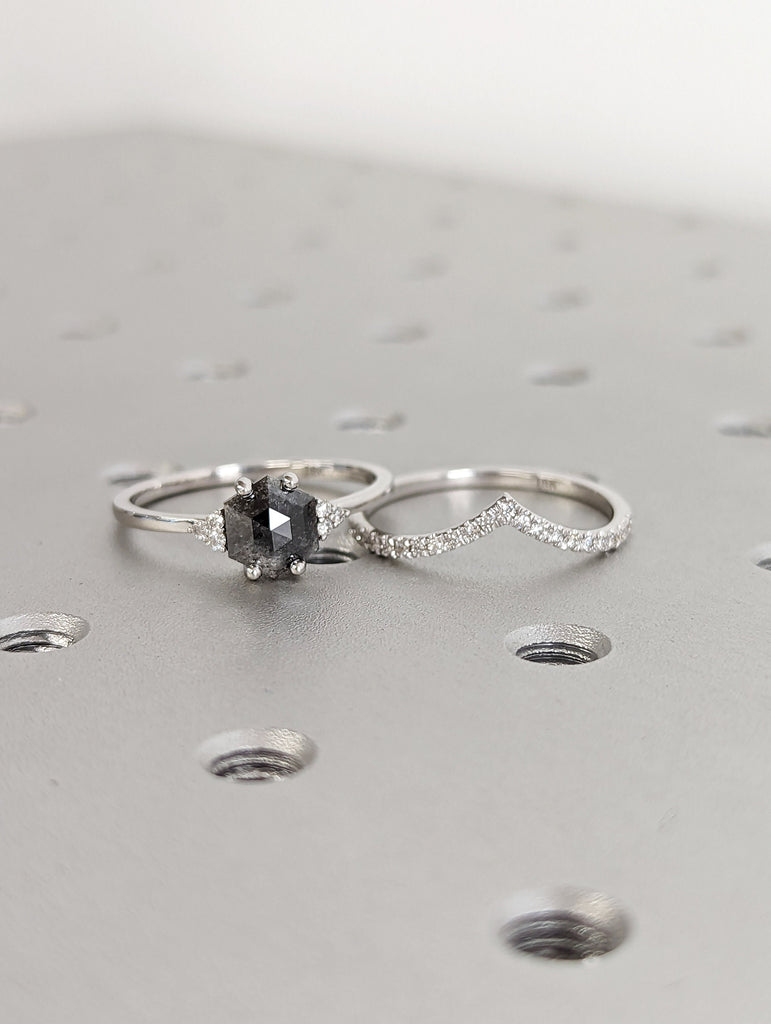 Raw Diamond Hexagon Shaped Diamond, Salt and Pepper, Plain Unique Bridal Engagement Set, Rose Cut Geometric Diamond Ring, Custom Handmade