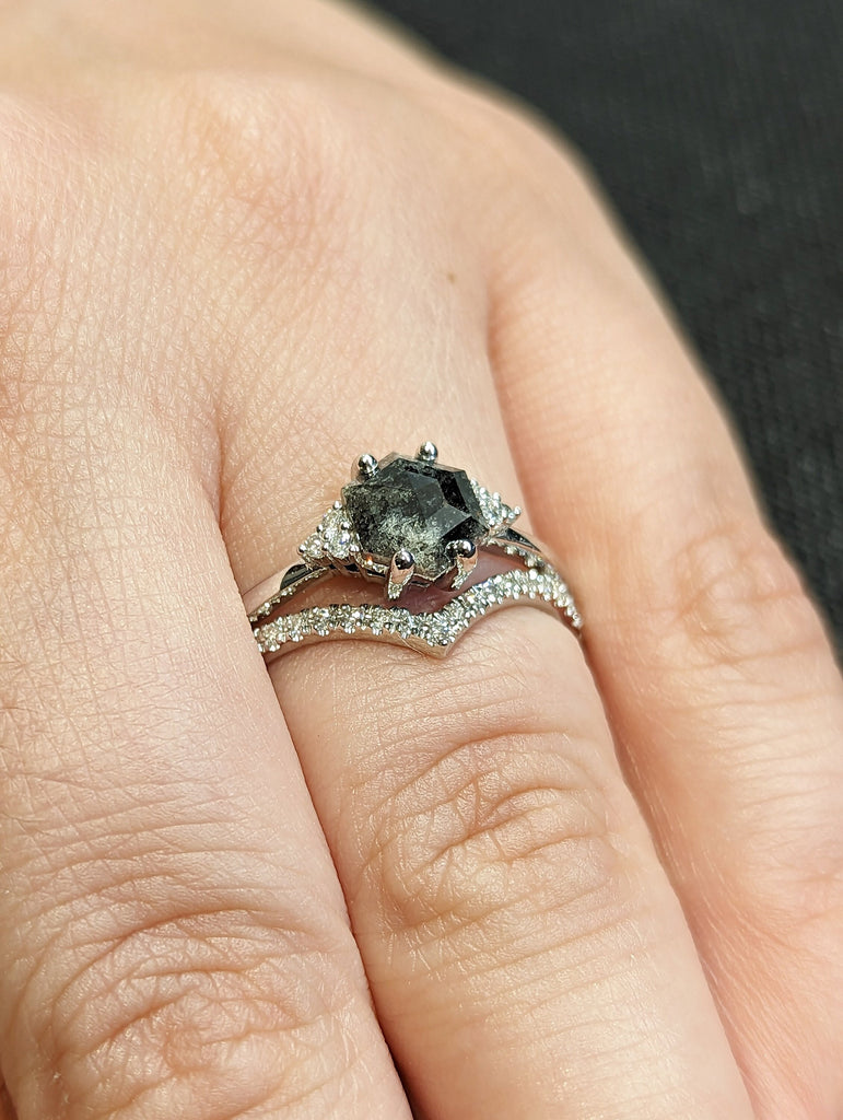 Raw Diamond Hexagon Shaped Diamond, Salt and Pepper, Plain Unique Bridal Engagement Set, Rose Cut Geometric Diamond Ring, Custom Handmade