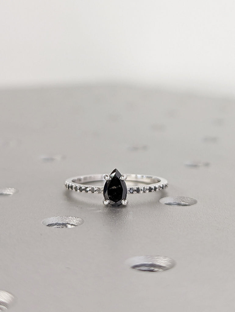 0.5 Carat 1920's Raw Salt and Pepper Diamond, Pear Diamond Ring, Unique Engagement Bridal Set, Black, Gray Pear 14k Yellow, Rose, White Gold