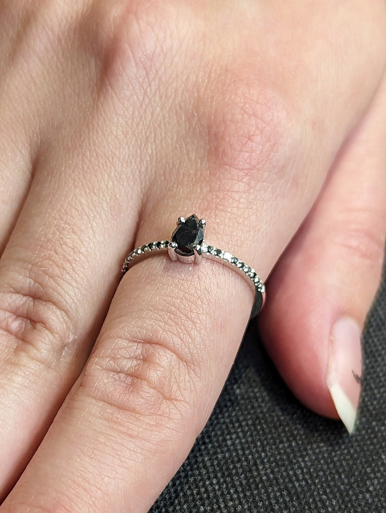 0.5 Carat 1920's Raw Salt and Pepper Diamond, Pear Diamond Ring, Unique Engagement Bridal Set, Black, Gray Pear 14k Yellow, Rose, White Gold