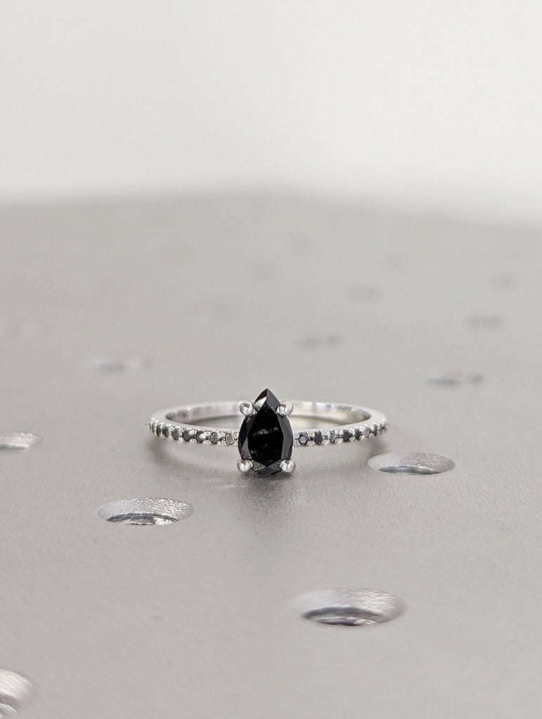 0.5 Carat 1920's Raw Salt and Pepper Diamond, Pear Diamond Ring, Unique Engagement Bridal Set, Black, Gray Pear 14k Yellow, Rose, White Gold