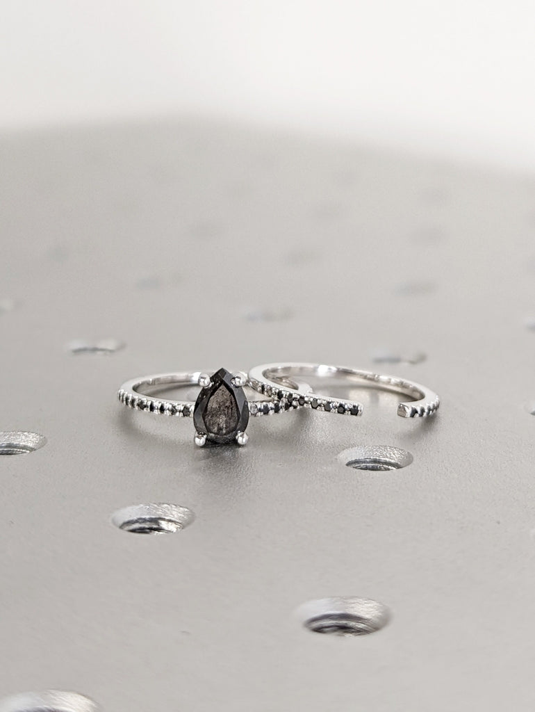 1920's Raw Salt and Pepper Diamond, Pear Diamond Ring, Unique Engagement Bridal Set, Black, Gray Pear, 14k Yellow, Rose, Black or White Gold