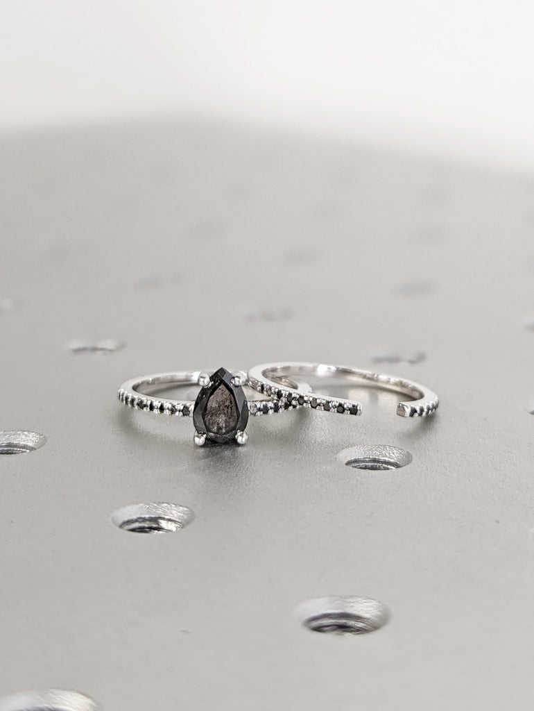 1920's Raw Salt and Pepper Diamond, Pear Diamond Ring, Unique Engagement Bridal Set, Black, Gray Pear, 14k Yellow, Rose, Black or White Gold