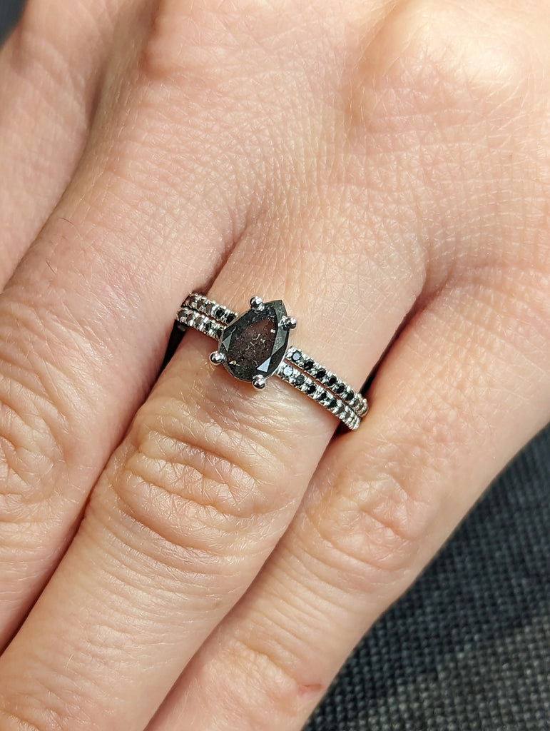 1920's Raw Salt and Pepper Diamond, Pear Diamond Ring, Unique Engagement Bridal Set, Black, Gray Pear, 14k Yellow, Rose, Black or White Gold