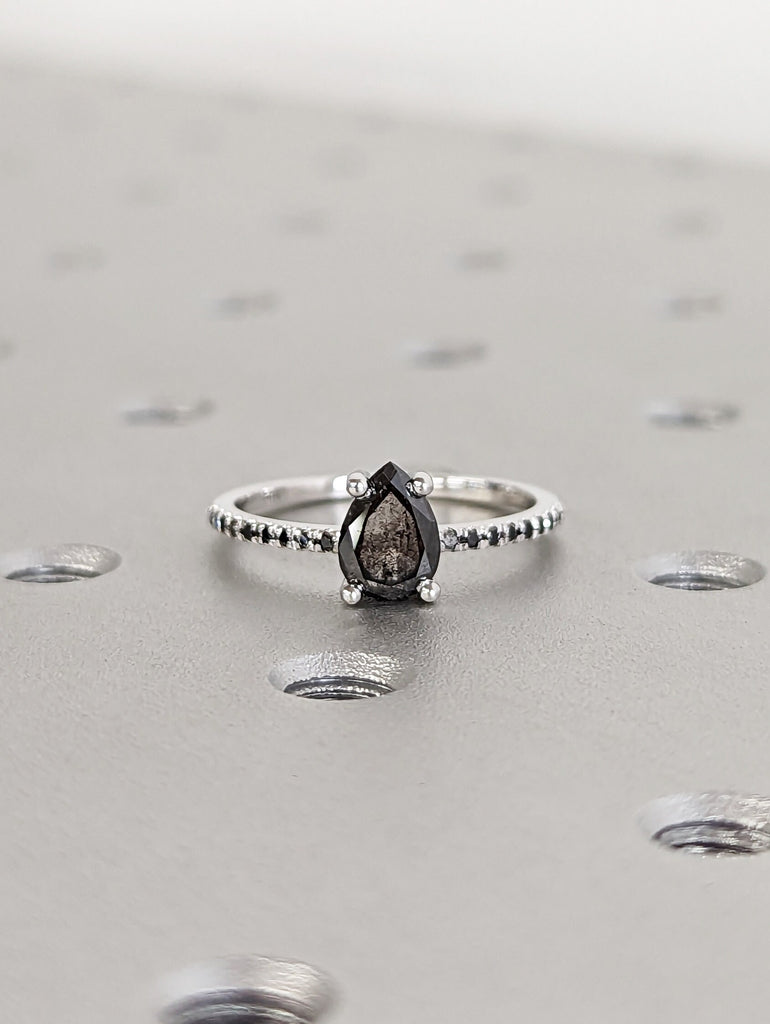 1920's Raw Salt and Pepper Diamond, Pear Diamond Ring, Unique Engagement Bridal Set, Black, Gray Pear, 14k Yellow, Rose, Black or White Gold