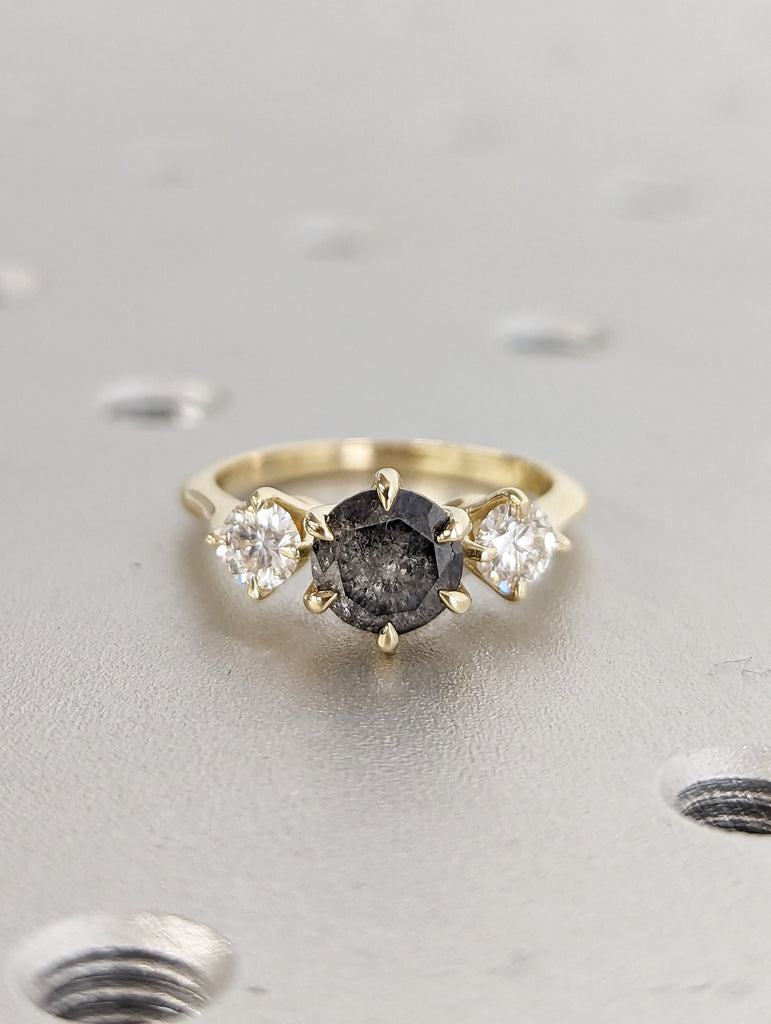 1 ct 1920's Raw Salt and Pepper Diamond, Round Diamond Ring, Unique Engagement Bridal, Black, Gray Pear, 14k Yellow, Rose, Black, White Gold