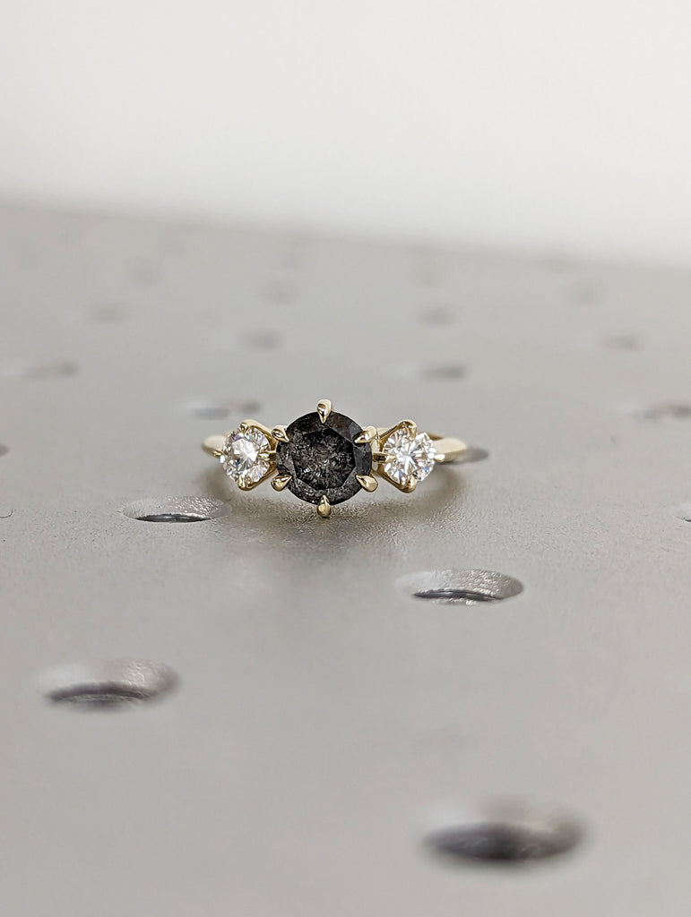 1 ct 1920's Raw Salt and Pepper Diamond, Round Diamond Ring, Unique Engagement Bridal, Black, Gray Pear, 14k Yellow, Rose, Black, White Gold