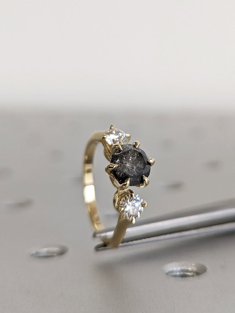 1 ct 1920's Raw Salt and Pepper Diamond, Round Diamond Ring, Unique Engagement Bridal, Black, Gray Pear, 14k Yellow, Rose, Black, White Gold