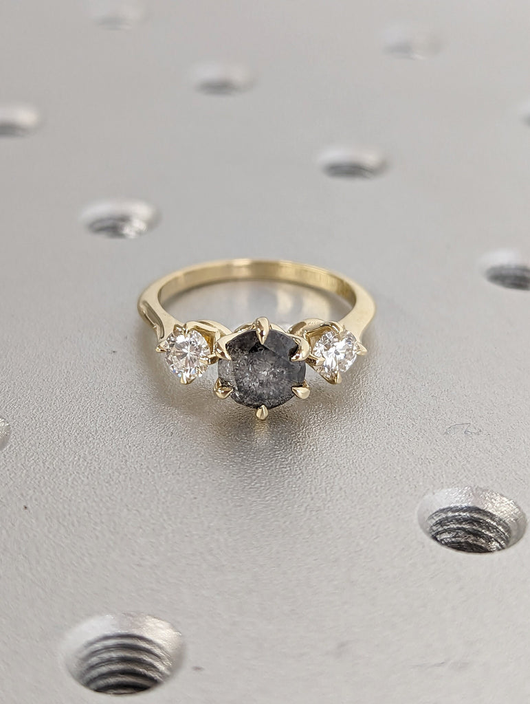 1 ct 1920's Raw Salt and Pepper Diamond, Round Diamond Ring, Unique Engagement Bridal, Black, Gray Pear, 14k Yellow, Rose, Black, White Gold