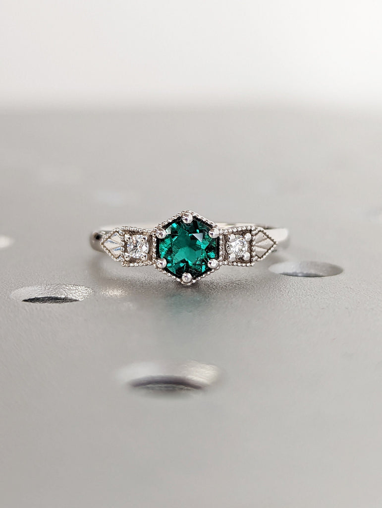 Emerald ring vintage emerald engagement ring 14k gold ring gift unique antique wedding promise anniversary ring for her simple promise ring