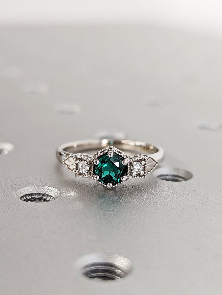 Emerald ring vintage emerald engagement ring 14k gold ring gift unique antique wedding promise anniversary ring for her simple promise ring