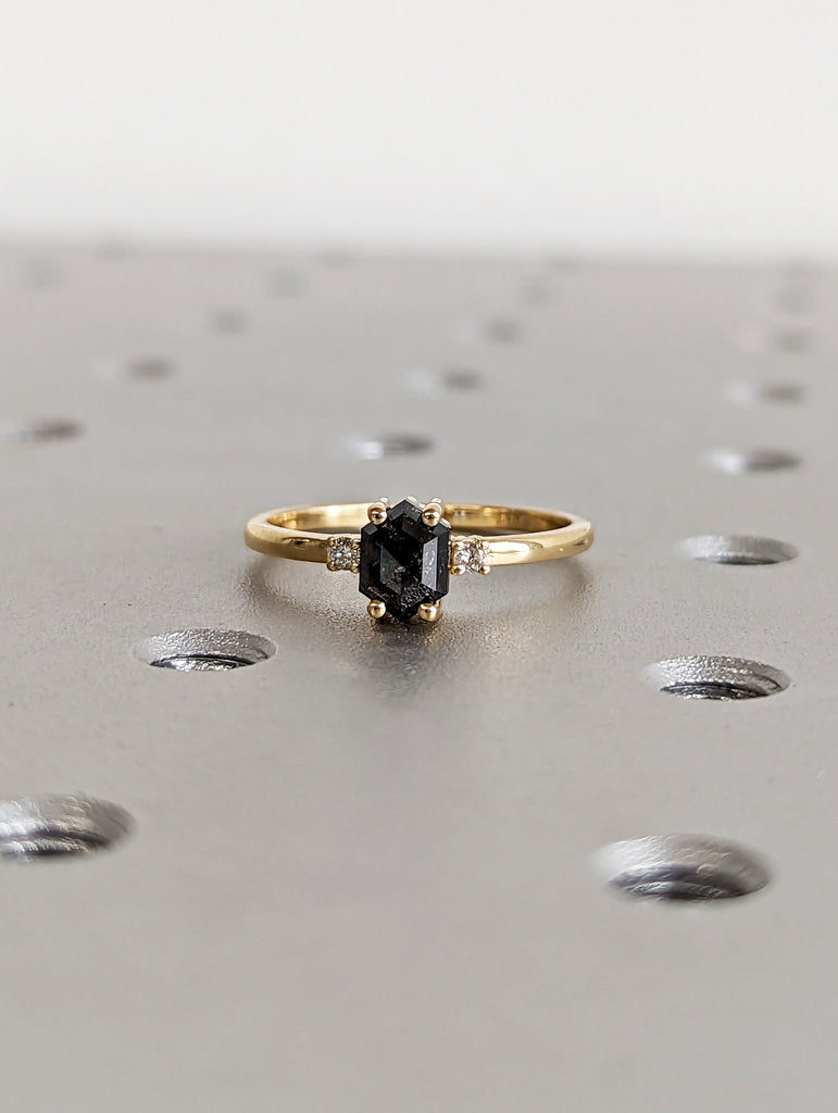 Raw Diamond, Salt and Pepper, Hexagon, Unique Engagement Ring, Rose Cut Geometric Diamond Ring, 18k Gold, Custom Handmade