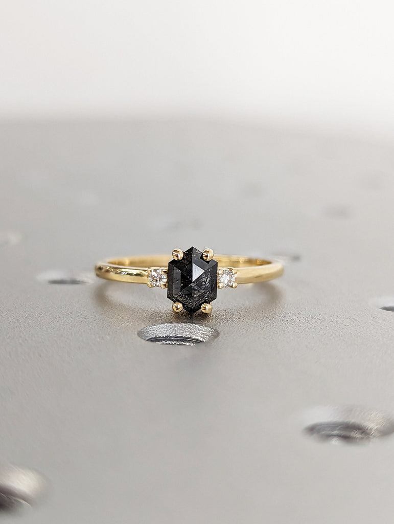 Raw Diamond, Salt and Pepper, Hexagon, Unique Engagement Ring, Rose Cut Geometric Diamond Ring, 18k Gold, Custom Handmade