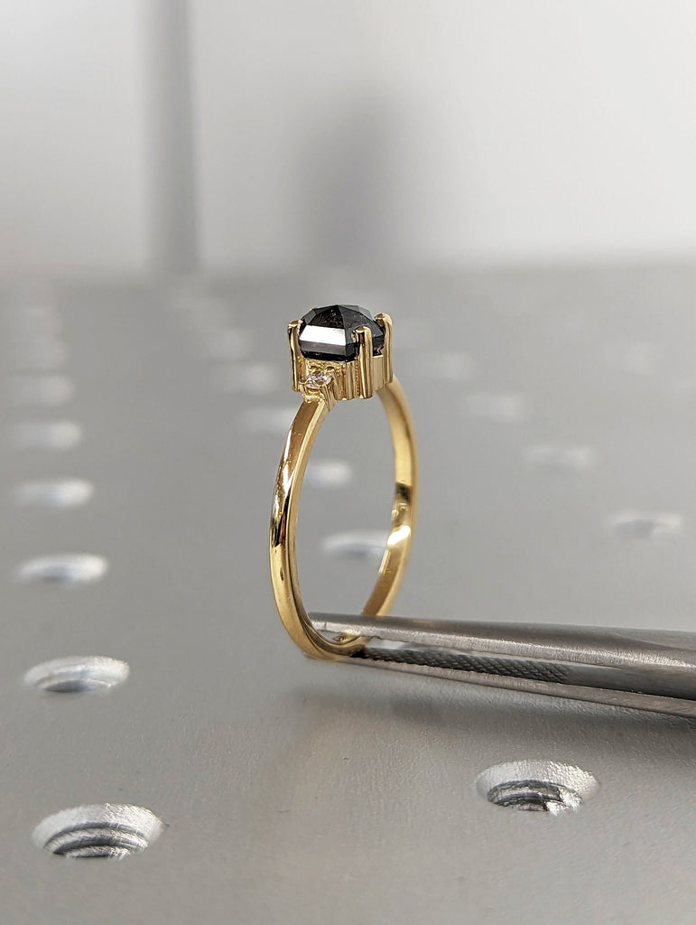 Raw Diamond, Salt and Pepper, Hexagon, Unique Engagement Ring, Rose Cut Geometric Diamond Ring, 18k Gold, Custom Handmade