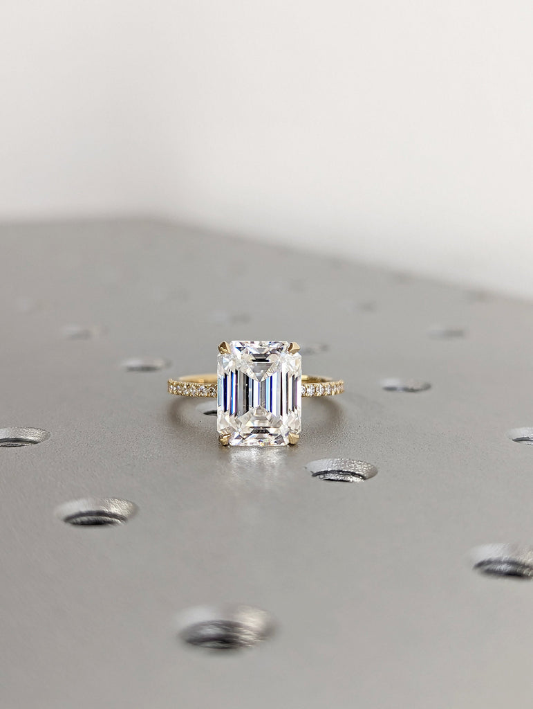 Hidden Halo Emerald Cut Solitaire Engagement Ring, Emerald Cut Engagement Ring, Emerald Cut Ring, 4Ct Solid 14k Moissanite Engagement Ring