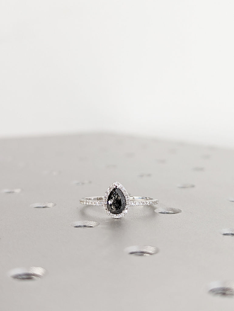 1920's Raw Salt and Pepper Diamond Halo, Pear Diamond Halo Ring, Unique Engagement Bridal Set, Black, Gray Pear, 14k Yellow Rose White Gold