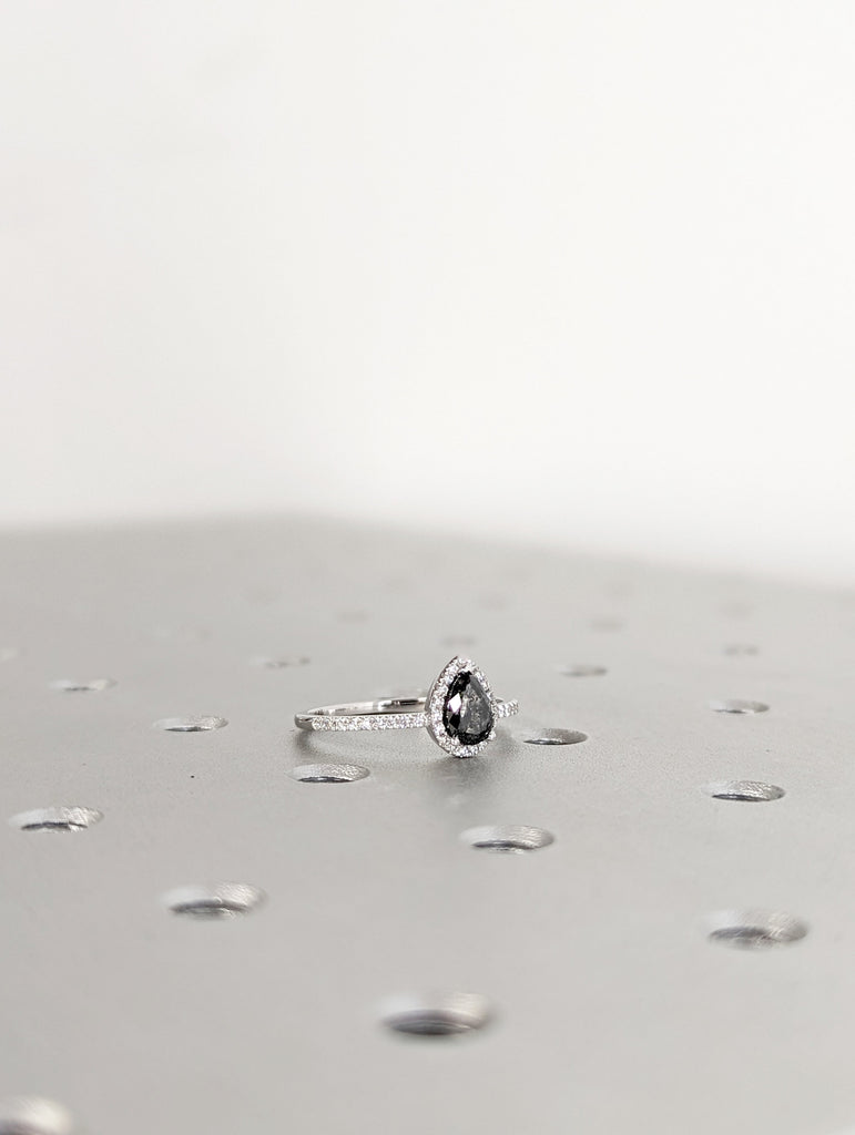 1920's Raw Salt and Pepper Diamond Halo, Pear Diamond Halo Ring, Unique Engagement Bridal Set, Black, Gray Pear, 14k Yellow Rose White Gold