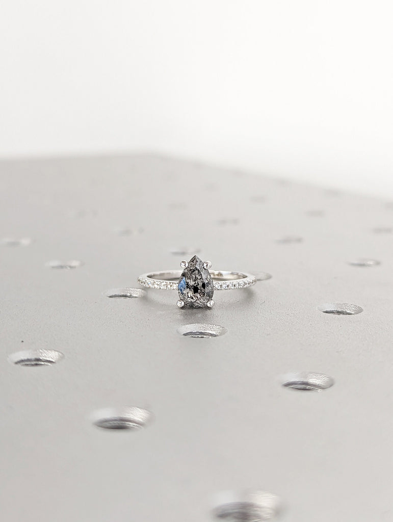 1920's Raw Salt and Pepper Diamond, Pear Diamond Ring, Unique Engagement Bridal Set, Black, Gray Pear, 14k Yellow, Rose, or White Gold