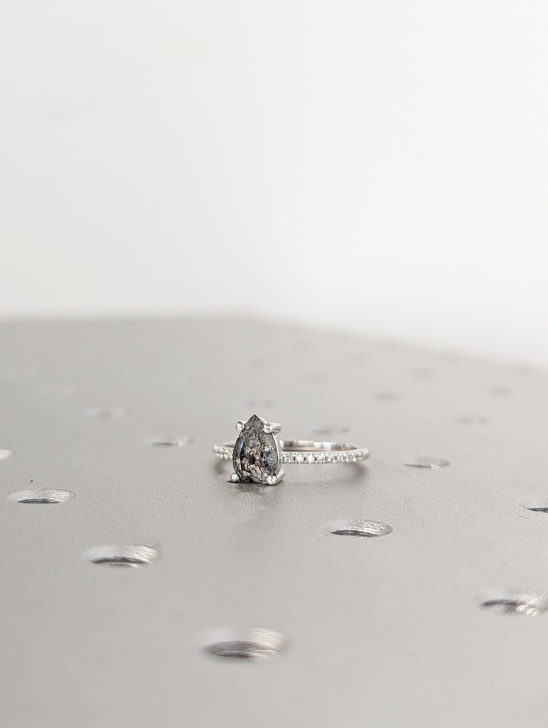 1920's Raw Salt and Pepper Diamond, Pear Diamond Ring, Unique Engagement Bridal Set, Black, Gray Pear, 14k Yellow, Rose, or White Gold