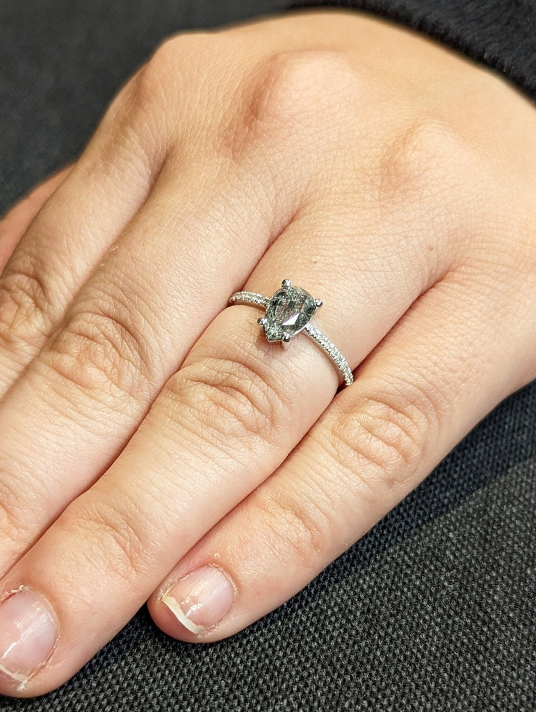 1920's Raw Salt and Pepper Diamond, Pear Diamond Ring, Unique Engagement Bridal Set, Black, Gray Pear, 14k Yellow, Rose, or White Gold