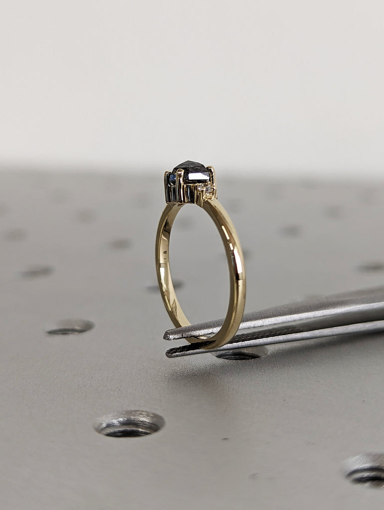 Raw Diamond, Salt and Pepper, Hexagon, Unique Engagement Ring, Rose Cut Geometric Diamond Ring, 14k Gold, Custom Handmade, Minimalist Ring