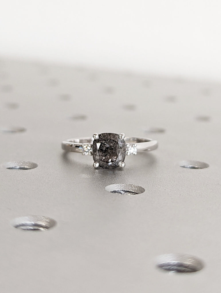 Salt And Pepper Diamond Cushion Ring, Salt And Pepper Diamond Vintage Engagement Ring, Vintage Cushion Ring, Raw Diamond Ring, Raw Cushion