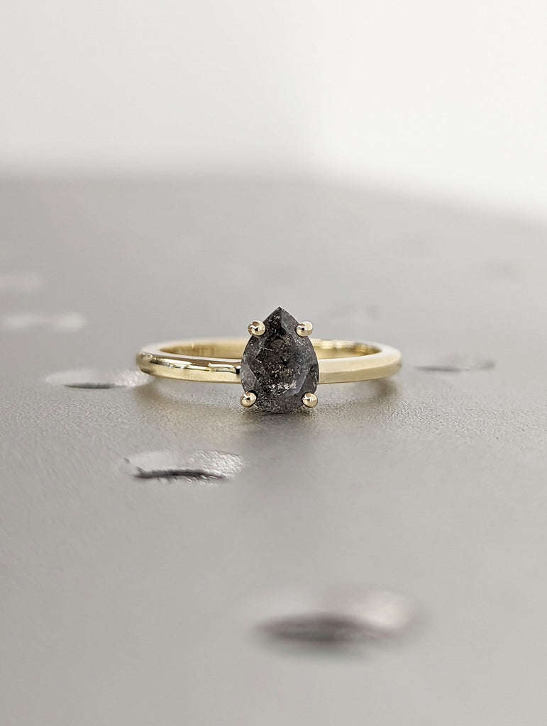 1920's Raw Salt and Pepper Diamond, Rose Cut Pear Diamond Ring, Unique Engagement, Black, Gray Pear, 14k Yellow, Rose, Black or White Gold