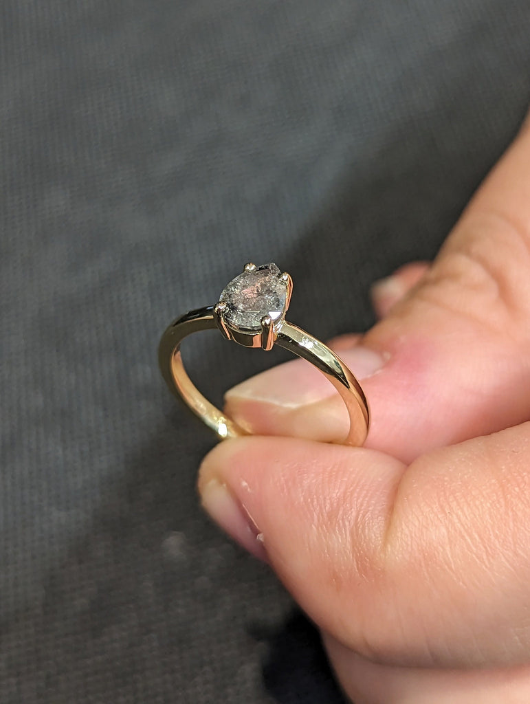 1920's Raw Salt and Pepper Diamond, Rose Cut Pear Diamond Ring, Unique Engagement, Black, Gray Pear, 14k Yellow, Rose, Black or White Gold