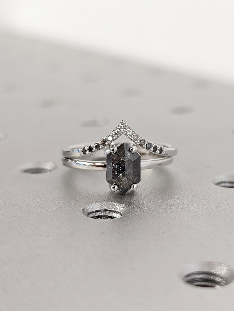 Raw Diamond, Salt and Pepper, Hexagon, Unique Engagement Ring, Bridal Set, Rose Cut Geometric Diamond Ring, 14k Solid Gold, Custom Handmade