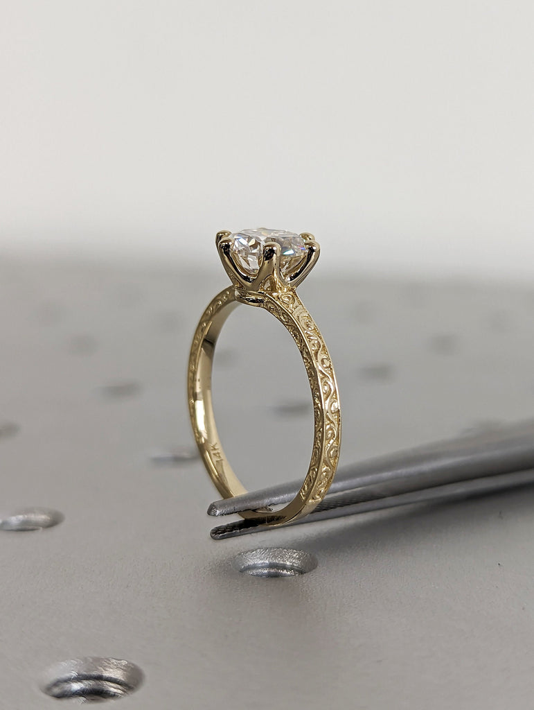 Colorless Moissanite 14k Rose /White /Yellow Gold Engagement Ring Art Deco 1920's Inspired Thin Petite Band 18k Unique Promise Ring for Her